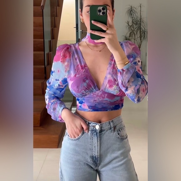 Floral V-Neck Chiffon Top - Picture 1 of 14